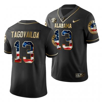 Men's Alabama Crimson Tide #13 Tua Tagovailoa 2019 Stars and Stripes Black Golden Limited Edition NCAA College Football Jersey 2403SOMA3